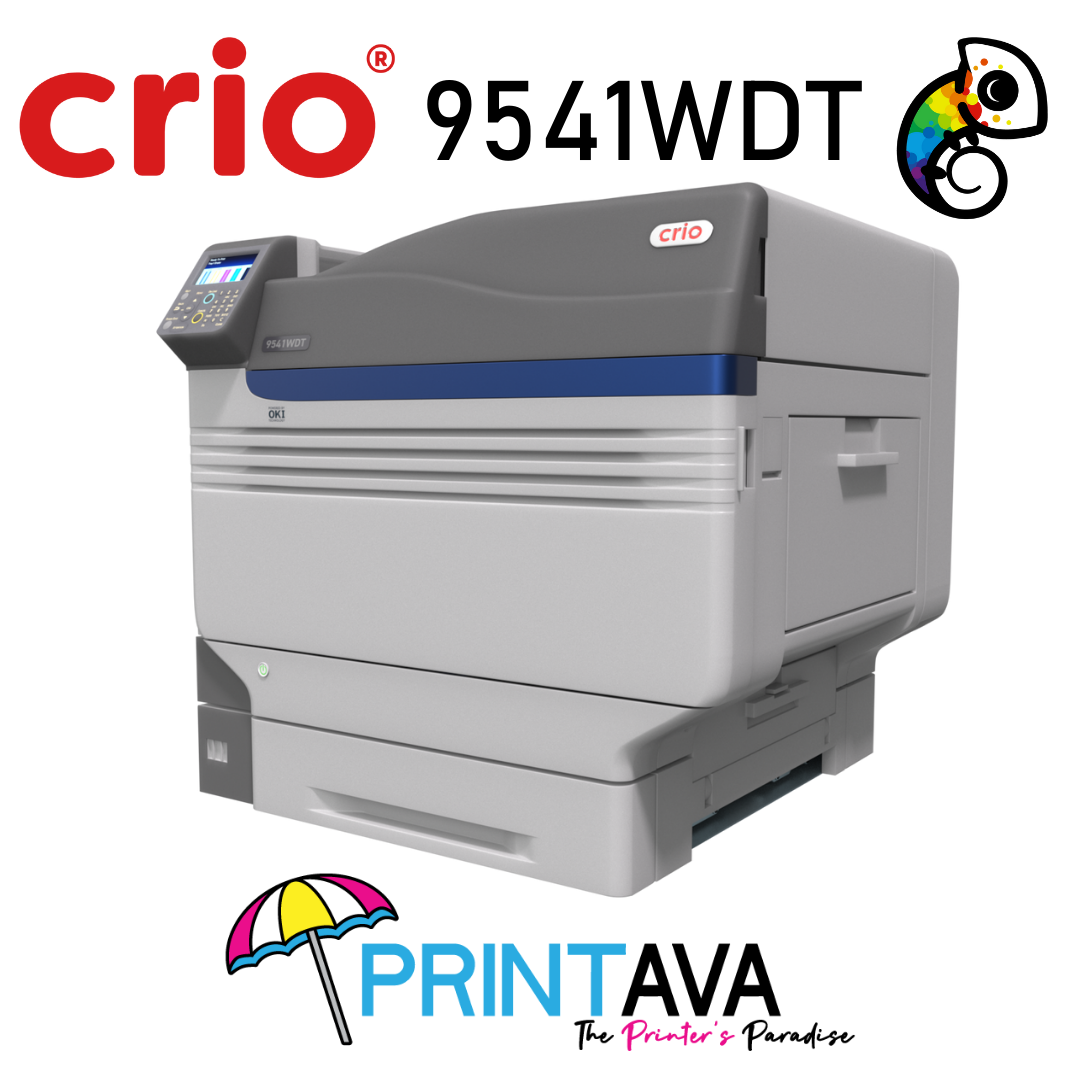 Crio 9541WDT, 13x19 white toner printer. Only CMYWK - full color, white and black toner with single pass printer.  1200x1200 dpi.  Print speed up to 18 ppm on letter-size transfer media