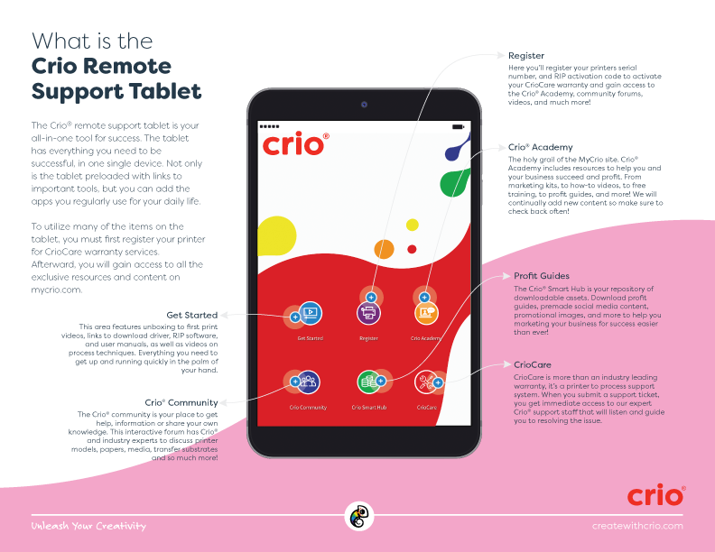 Every Crio printer ships with a Remote Support Tablet allowing for easy access to support services, training, tutorial videos, product updates and the Crio creator community. It’s an open platform so you can add apps and use it however you like.