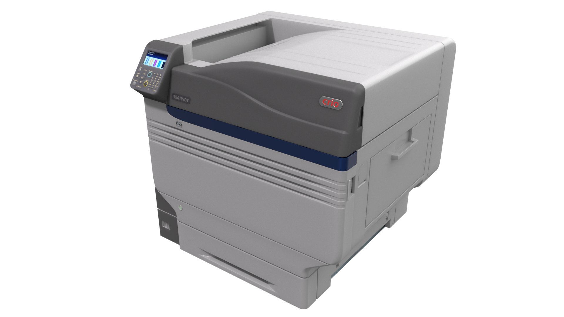 Crio 9541WDT, 13x19 white toner printer. Only CMYWK - full color, white and black toner with single pass printer.  1200x1200 dpi.  Print speed up to 18 ppm on letter-size transfer media