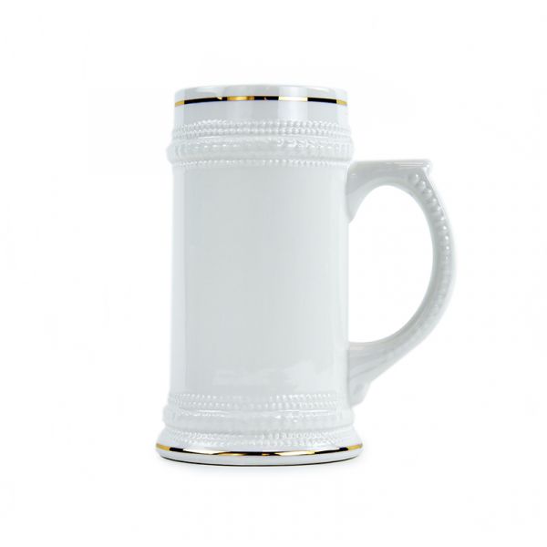 White Ceramic Sublimation Beer Stein with Gold Trim - 22oz.
